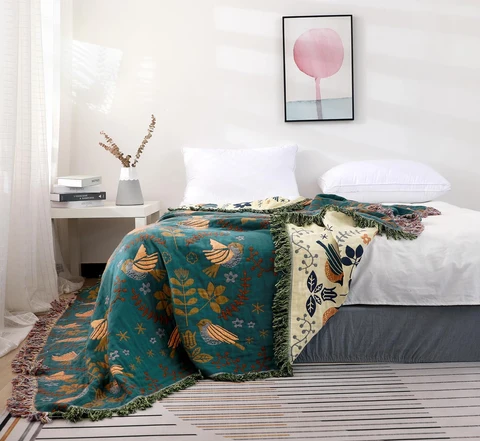 Reversible Cotton Bird Blanket Cozy Scandinavian Decor - Image 7